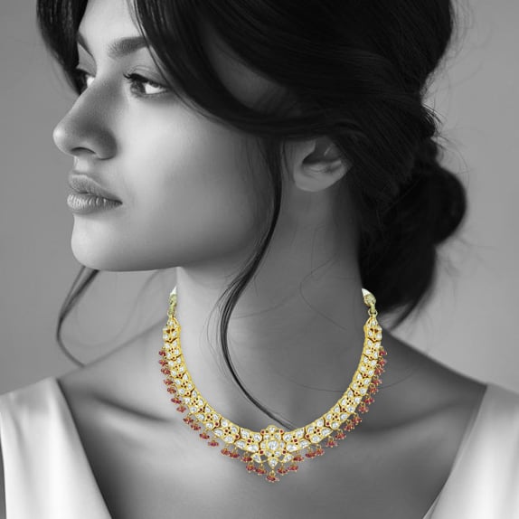 Floral Polki Necklace with Tourmaline Beads and Ruby Accents